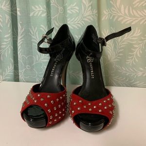 Red and Black Studded Strap Pumps